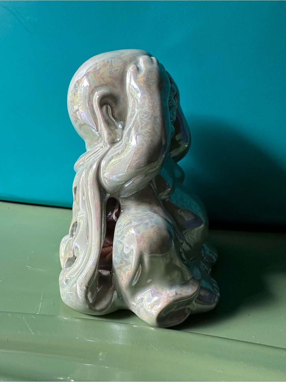 Ceramic Laughing Buddha Statue - Iridescent Sage Glaze - Picture 4 of 6